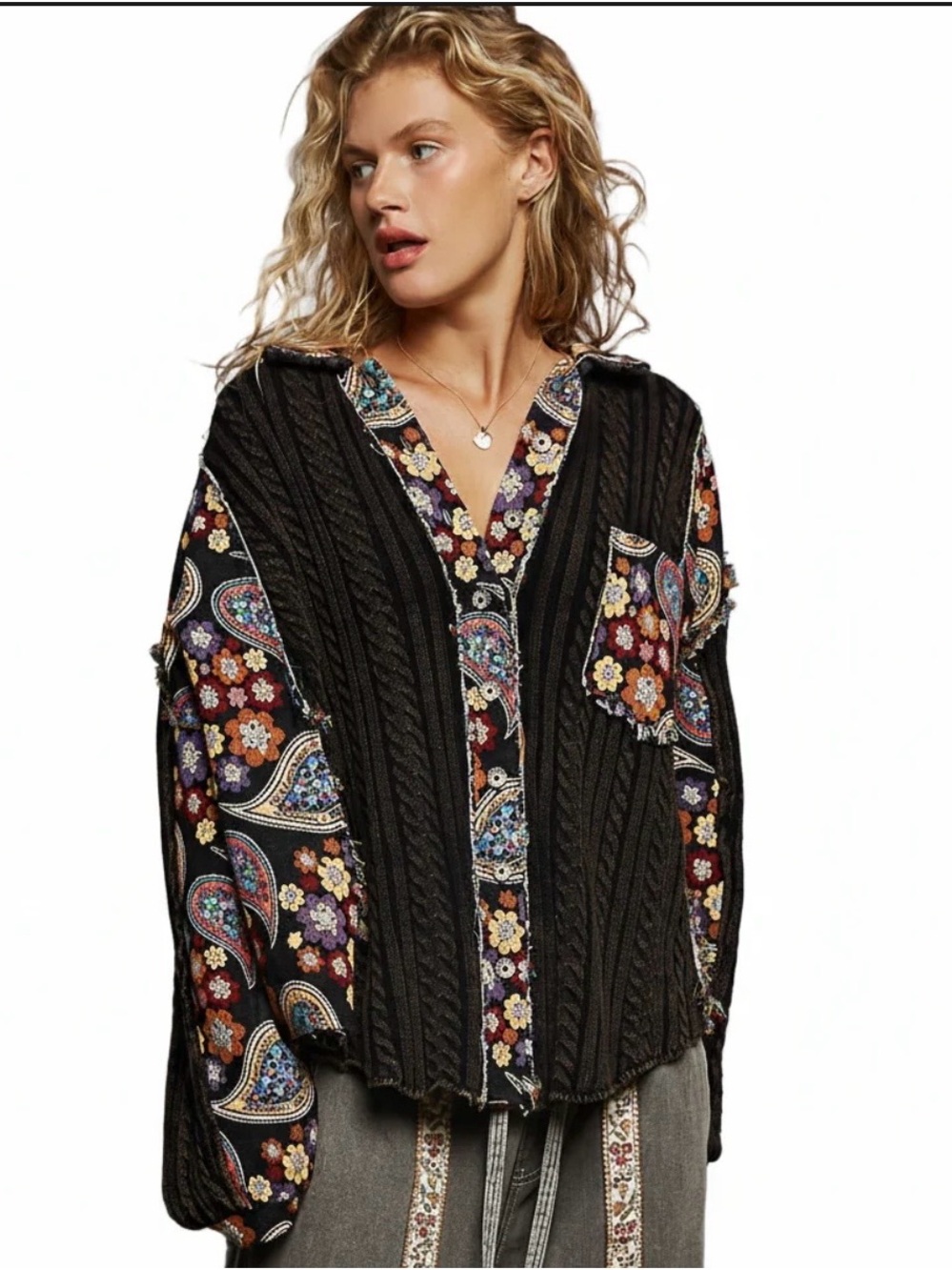 POL Collar Neck Paisley Jacquard A-Line Top size M